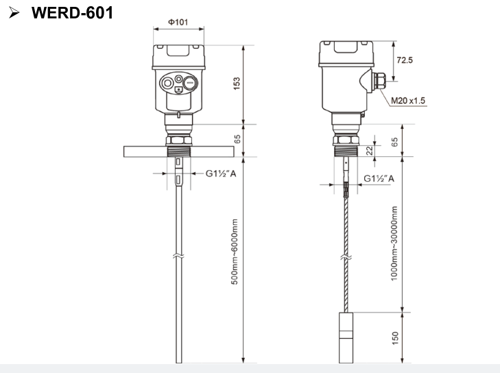 Guided microwave level transmitter-dimension